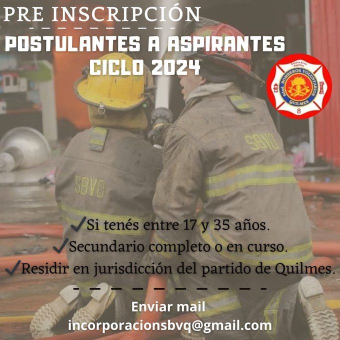 Bomberos Voluntarios de Quilmes abren la pre-inscripción para aspirantes