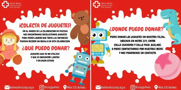 La filial Quilmes de la Cruz Roja organiza una colecta de juguetes por Pascuas