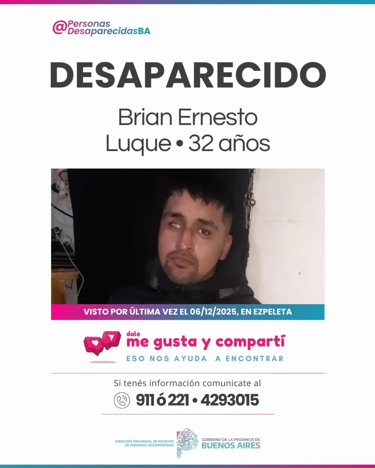 Solicitan ayuda para encontrar a vecino de Ezpeleta que lleva casi una semana desaparecido