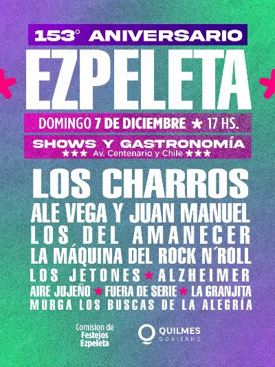 El 153° aniversario de Ezpeleta se celebrará con una gran feria gastronómica y el cierre musical de "Los Charros"